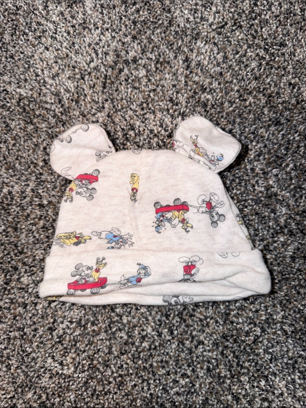 Disney Baby Cream Hat with Red, Yellow, Blue and Gray Mickey Print